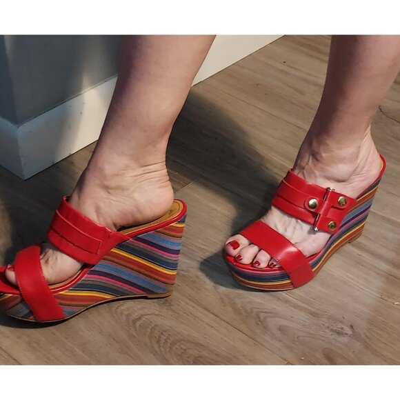 Nine West Red Lara Striped Wedge Slip on Sandals Sz 7.5 Beachcore - Picture 5 of 13